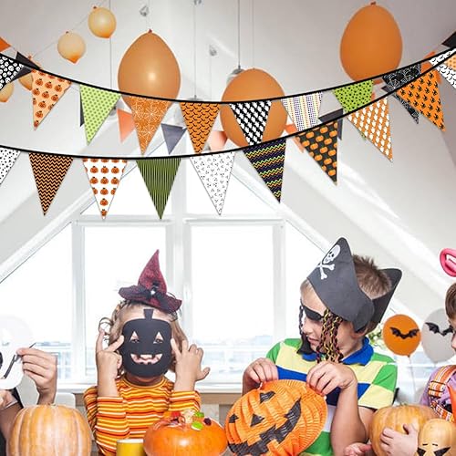 Miniatura 7 de Banderín de tela para decoración interior y exterior de Halloween, banderas triangulares, letrero de calabaza, divertida guirnalda de banderines