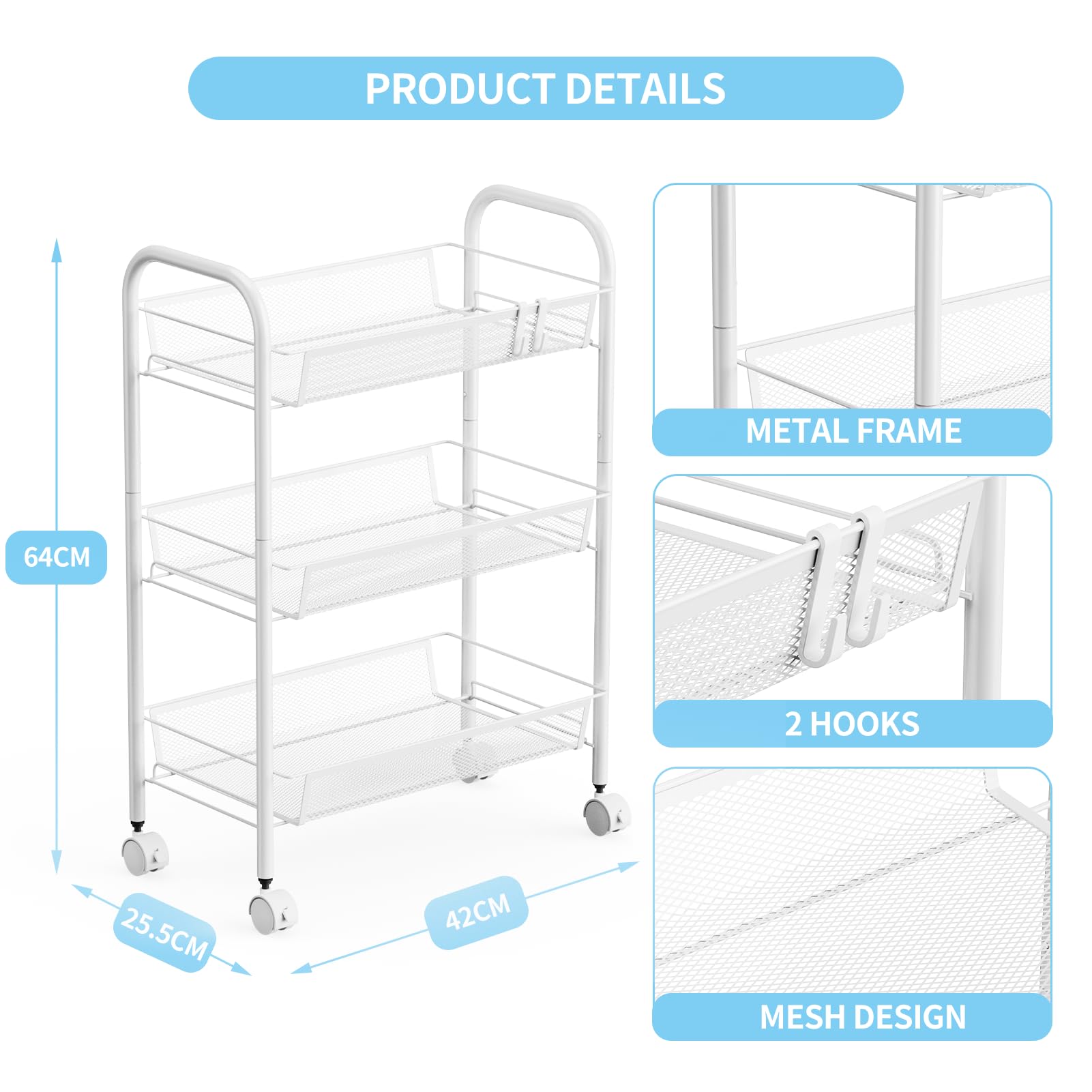 WELDUN 3 Tier Storage Trolley, Rolling Cart, Kitchen Storage Cart, Metal Bathroom Cart, Portable, Stable and Easy to Assemble - Image 2