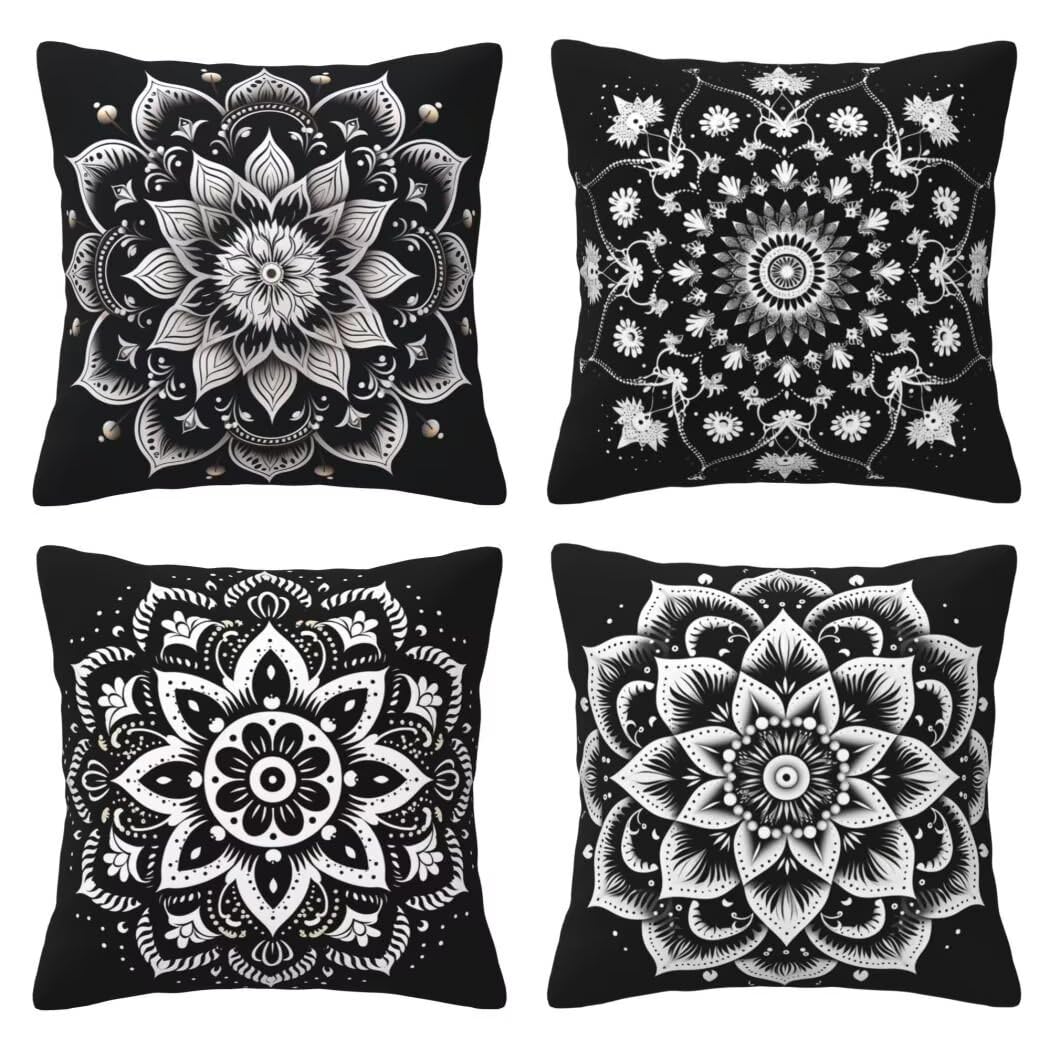 Kissenbezug 45x45 Samt Schwarz und Weiß Kissenbezüge 4er Set Dekorative Sofakissen Couchkissen Boho Kissen Kissenhüllen mit Verstecktem Reißverschluss für Schlafzimmer Wohnzimmer Heimdekoration -LI242