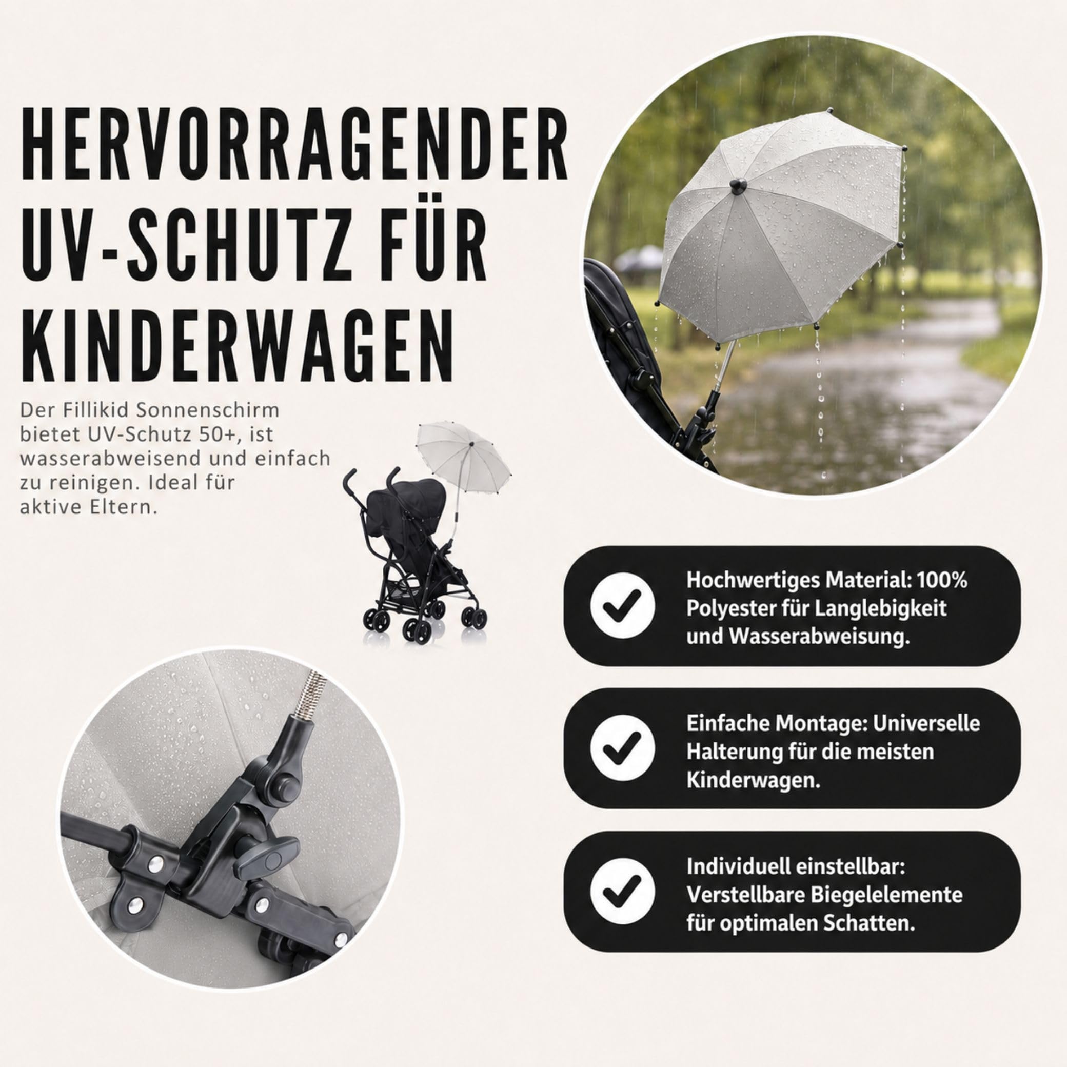 Fillikid Sonnenschirm Kinderwagen Exclusiv | UV-Schutz 50+ | Sonnenschutz Kinderwagen | Universalhalterung für Rund- und Ovalrohre, einstellbar | Leicht zu Reinigen | Kinderwagen Sonnenschirm