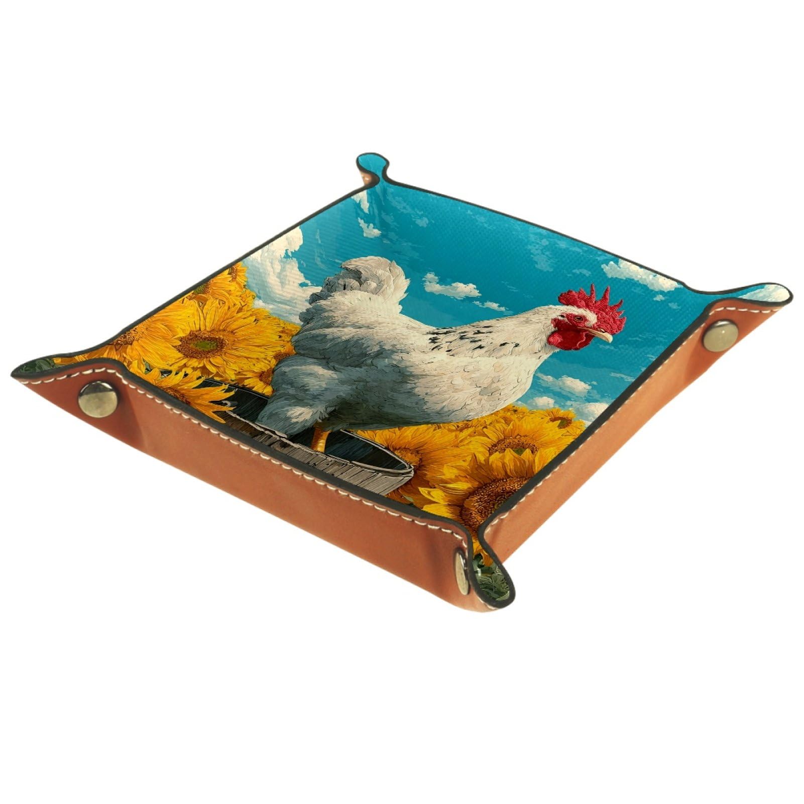VAPOKF Rooster Sunflower Portable Dice Rolling Tray, Microfiber Leather Dice Holder Game Box for D&D, RPG, Table Games or Desktop Phone Key Storage, 20.5 × 20.5 cm