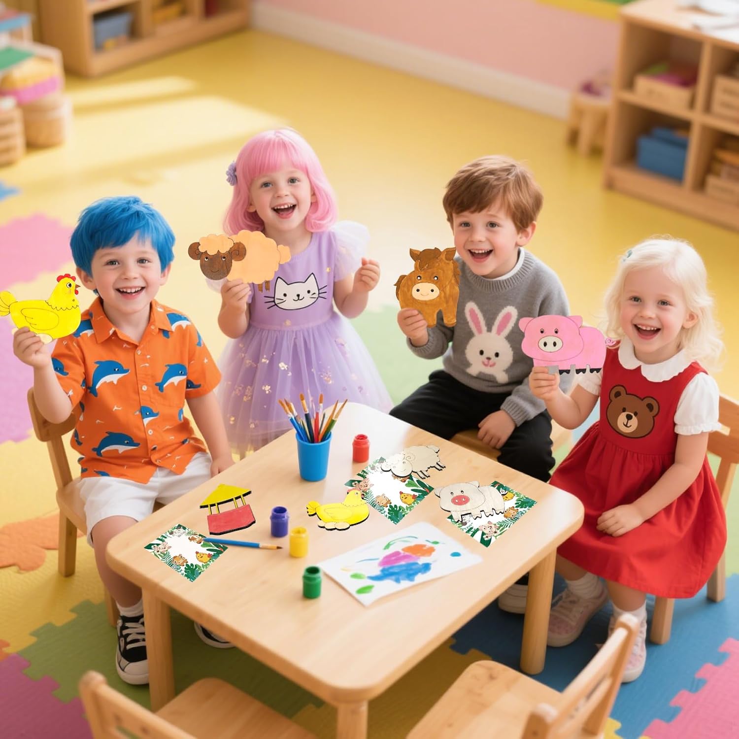 Artfolder Wooden Farm Animal Party Favors - Individually Packaged 12 PCS Animal & House Painting Kit with Brushes and Paints, Funny Thickened Wood Farm Themed Party Favors for Kids - Image 6