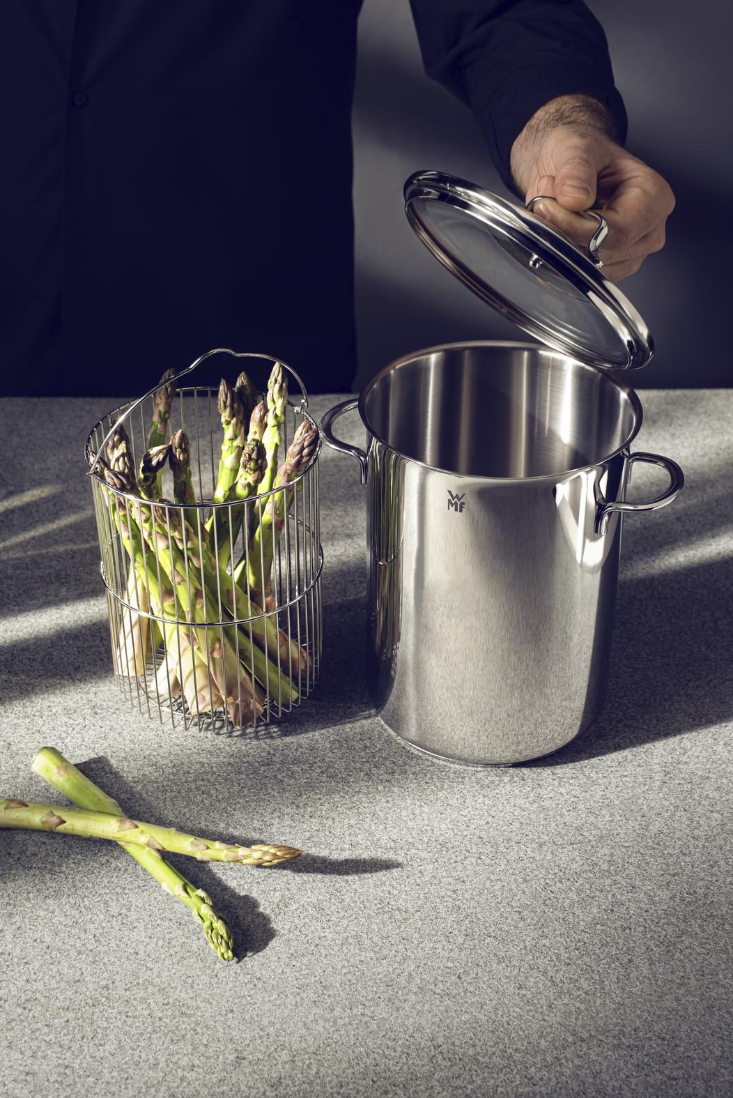 WMF Set Espárragos - Olla Alta 16 cm Con Cestillo y Pelador 17 cm, Acero Inoxidable Cromargan, Para Todo Tipo de Cocinas