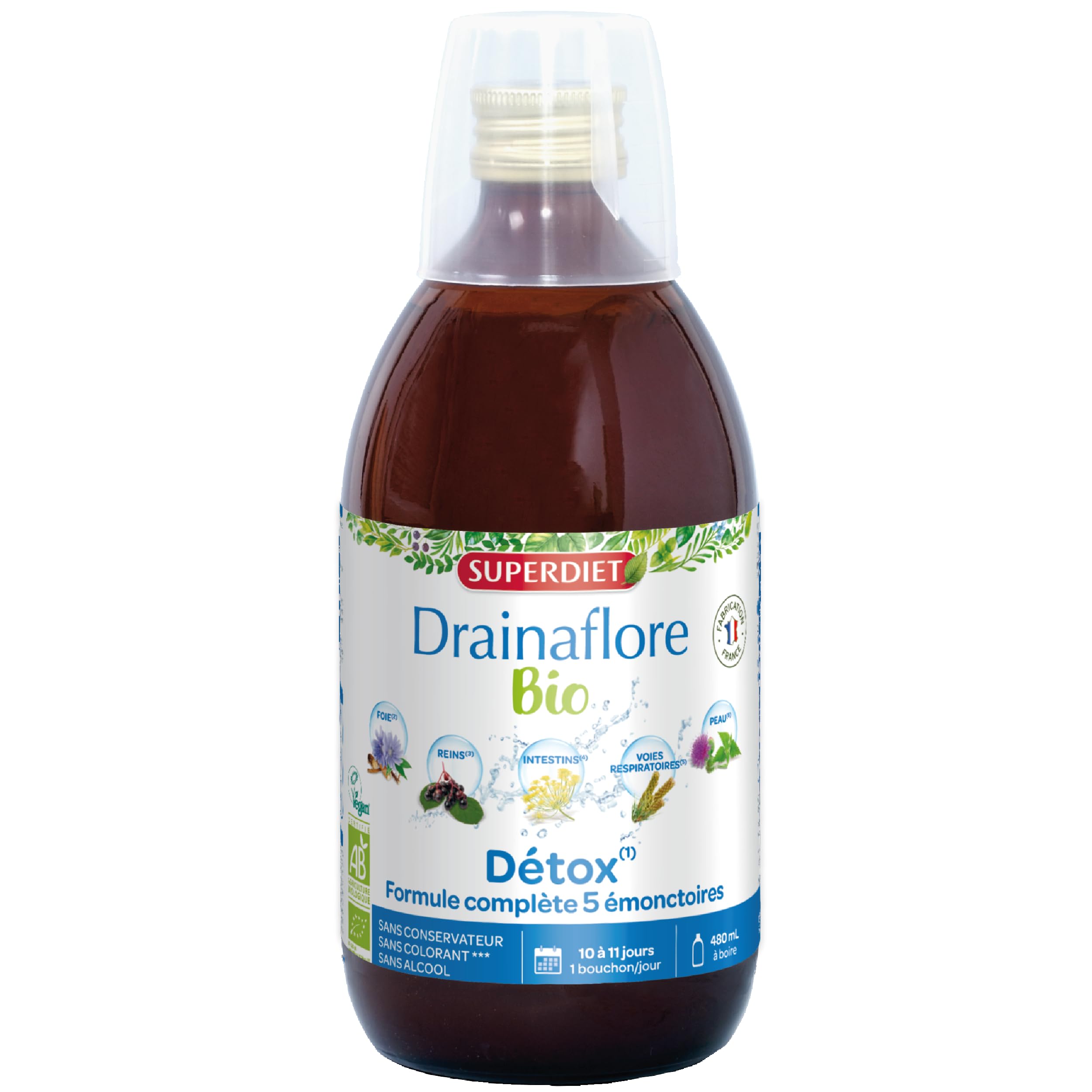 SUPERDIET -DRAINAFLORE BIO-Drainage & Detox - Complete detoxification Program for the 5 Emunctories - Made in France - 480 ml Bottle