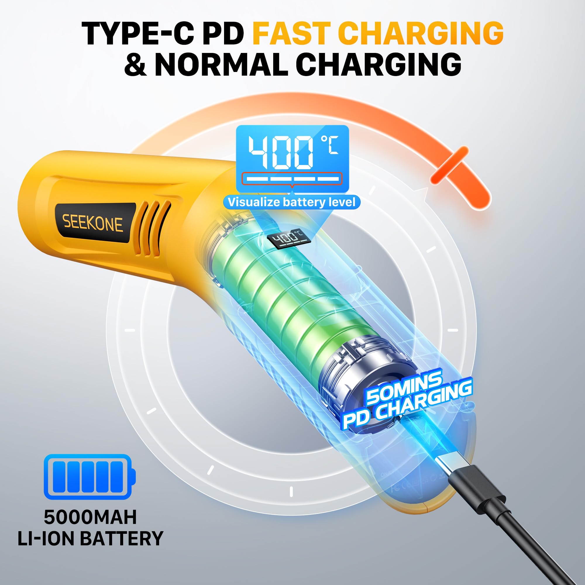 SEEKONE Mini Décapeur Thermique Sans Fil 3,6 V Lithium Pistolet à Air Chaud avec 4 Températures jusqu'à 400 °C et Fonction Mémoire, Charge USB