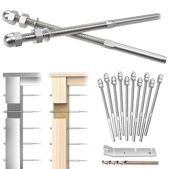 CKE 10 Pack Cable Railing Kit Hand Swage Threaded Stud Tensioner End Fitting Terminal for 1/8" Cable for 4x4 2x2 Wood/Metal Post Deck Stair Cable Railing Hardware Tensioner, T316 Stainless Steel CR06