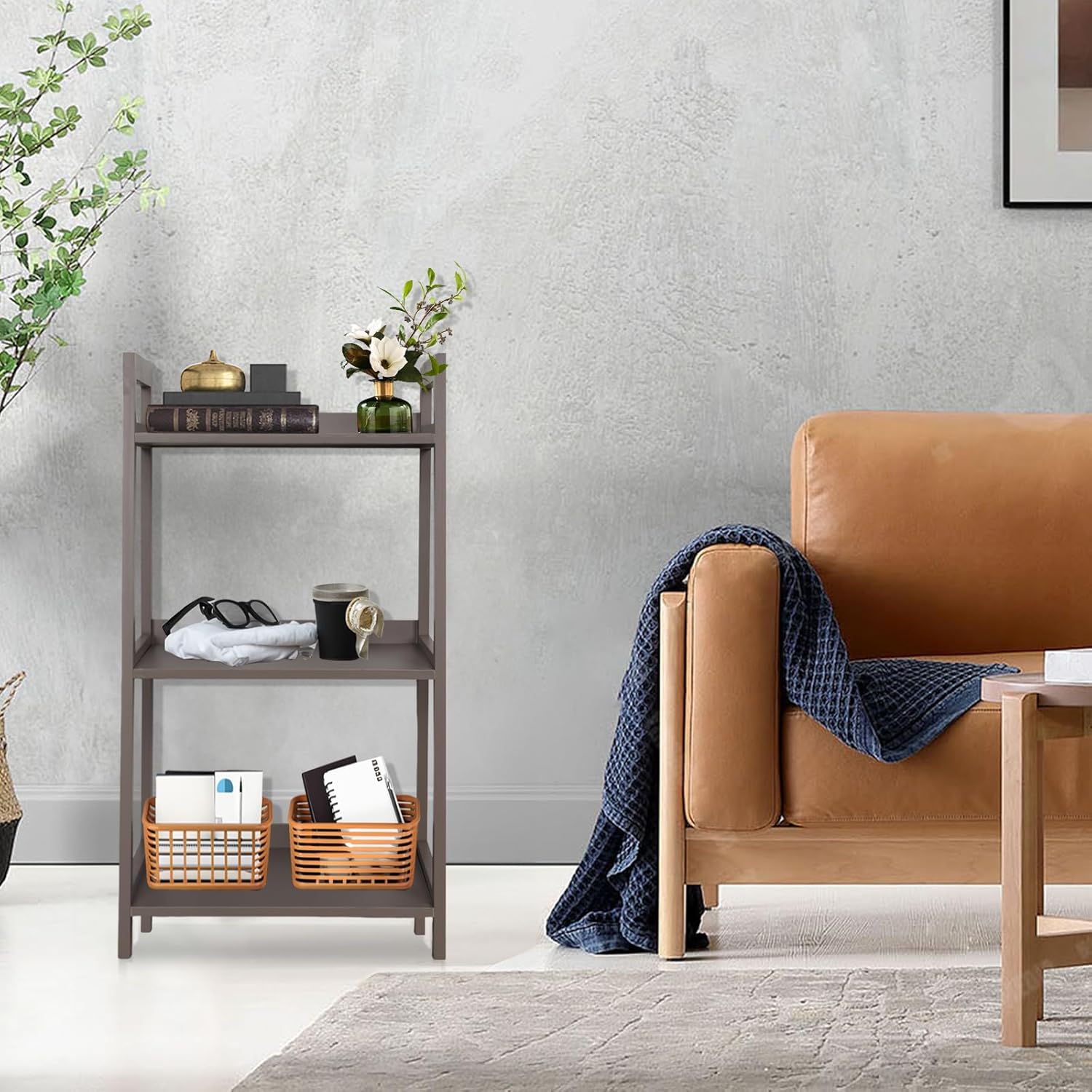 ECOMEX 3-Tier Ladder Shelf Modern Style Shelf, Ladder Bookshelf Open Storage Rack Wood Ladder Shelf with Solid Pine Frame, Freestanding Ladder Shelves for Home Office, Bedroom (Brown)