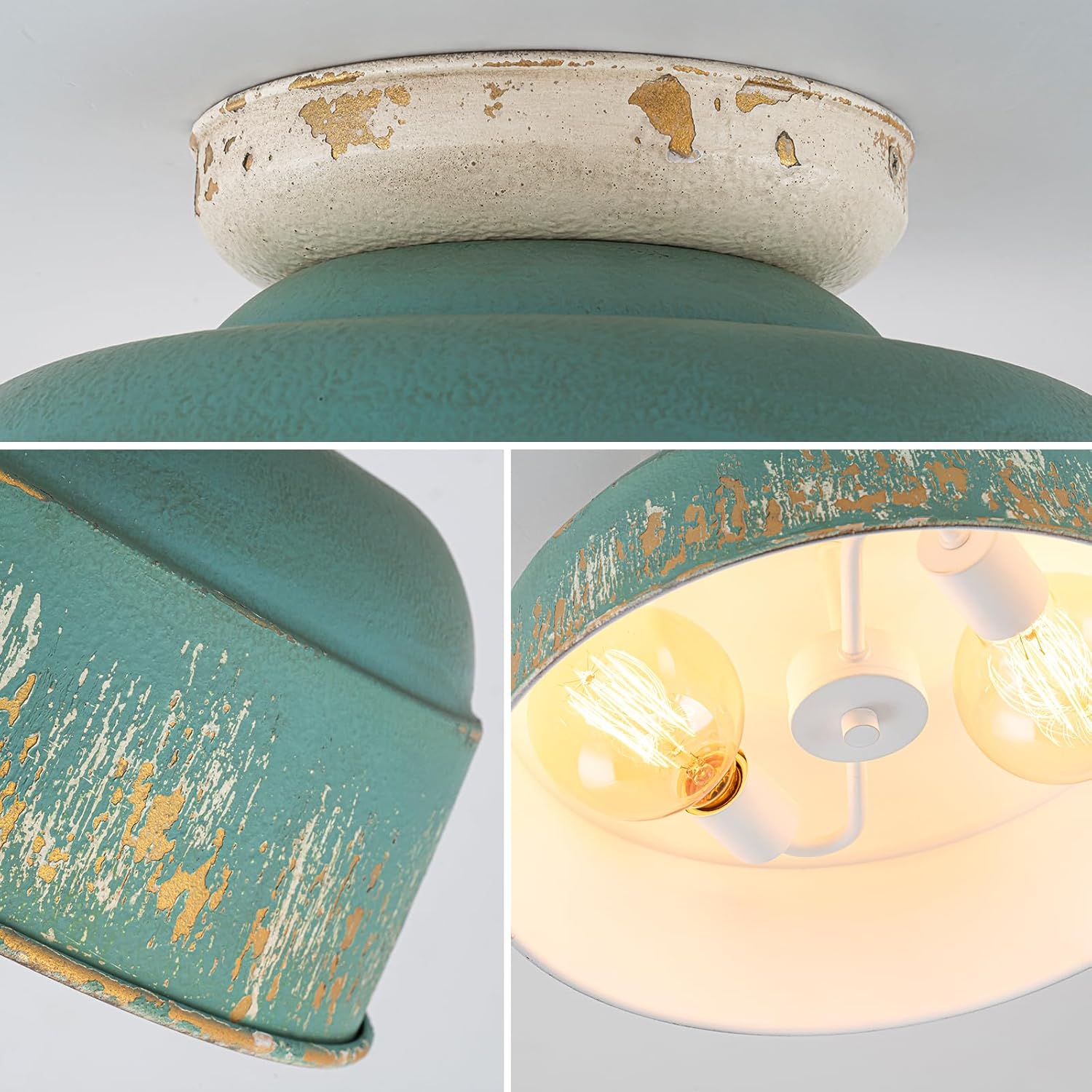 2-Light Semi-Flush Mount Ceiling Light, 13.98" Metal Hallway Light Fixtures with Hand-Brushed Gold Over Blue Finish, Vintage Ceiling Lamp for Bedroom, Kitchen, Foyer, Entryway