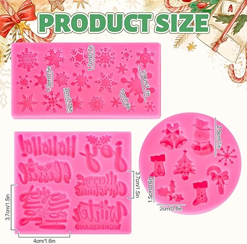 Miniatura 2 de Whaline 3 moldes de silicona para fondant de Feliz Navidad, diseño de copos de nieve rosados, con palabras bendecidas, alegría, acebo, Jolly,