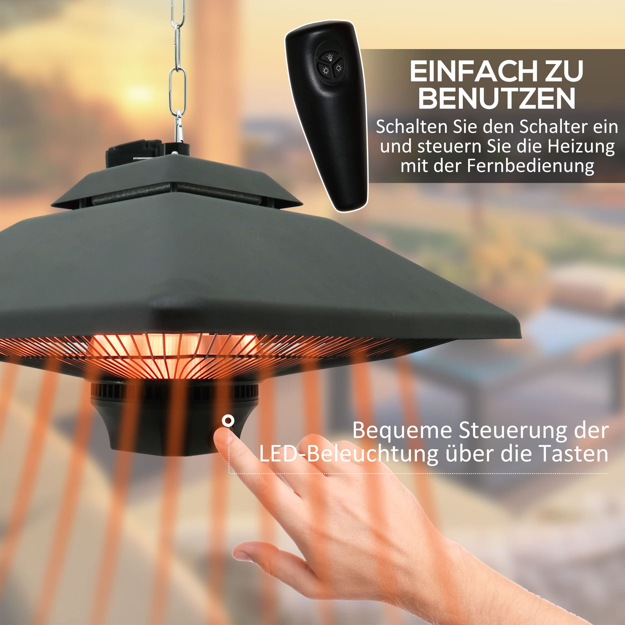 Outsunny Terrassenstrahler Deckenstrahler Heizstrahler mit Fernbedienung LED Beleuchtung, 2000W, 43x43x25cm