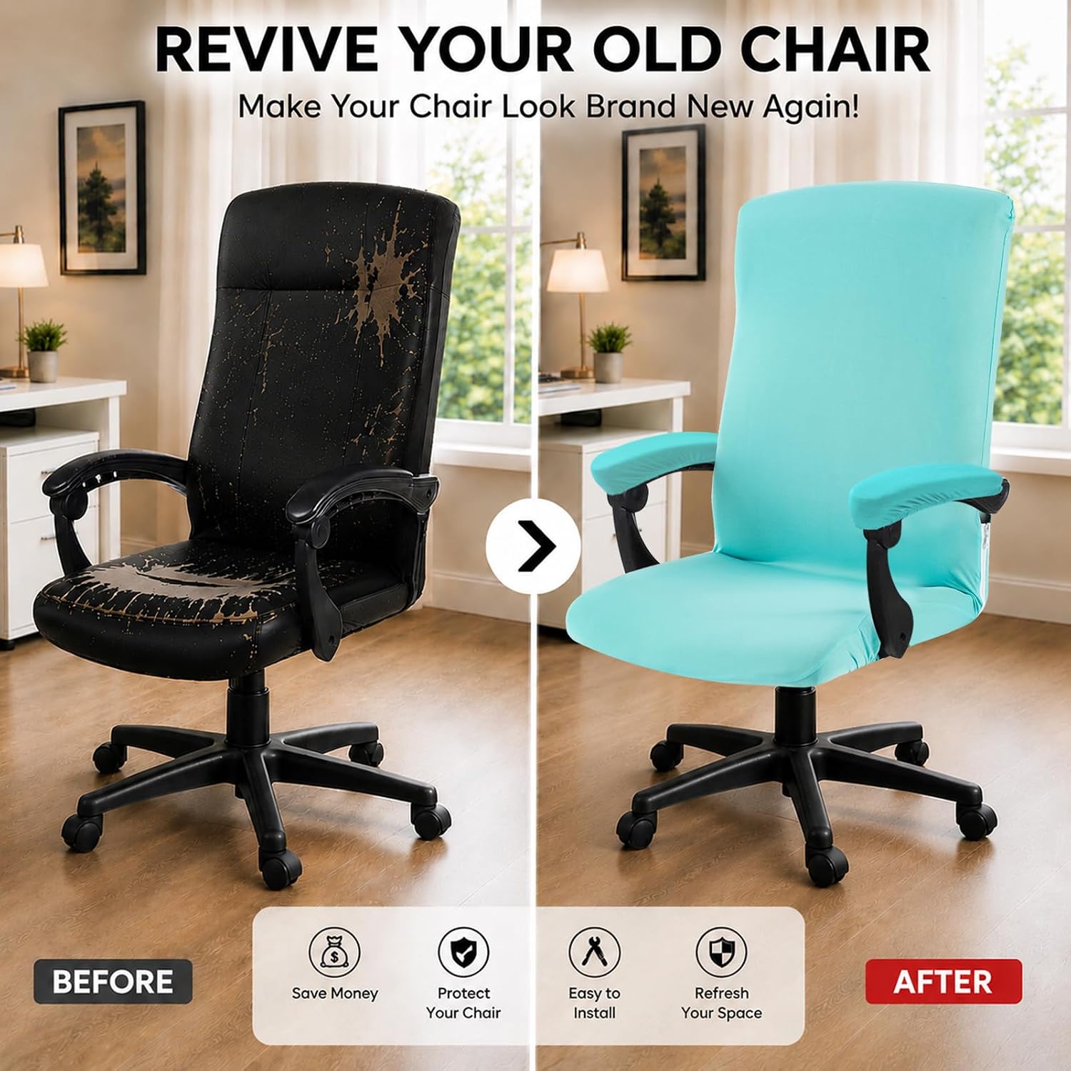 Stretch Computer Office Chair Cover with Armrest Covers Durable Zipper Universal Washable Removable Spandex Rotating Boss Chair Slipcovers Anti-dust Soft Desk Chair Seat Protector, Tifanny Blue image 2