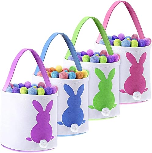 Blulu 4 bolsas de cesta de conejo de Pascua, cesta de regalo de lona con cola esponjosa para decoración de fiestas de niños y uso diario