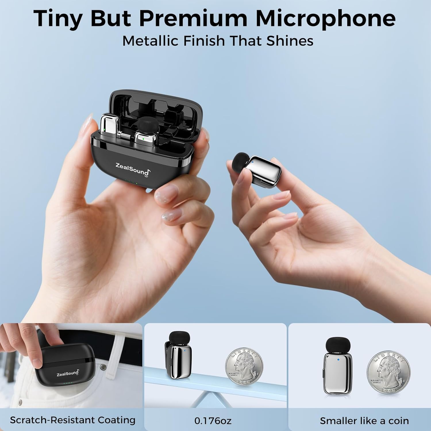 ZealSound Mini Microphone, Wireless Lavalier Mic for iPhone/iPad/Android, USB-C/Lightning, Noise Reduction, 33H Battery with Charging Case for Content Creators, TikTok & YouTube Videos - Chrome Silver - Image 3