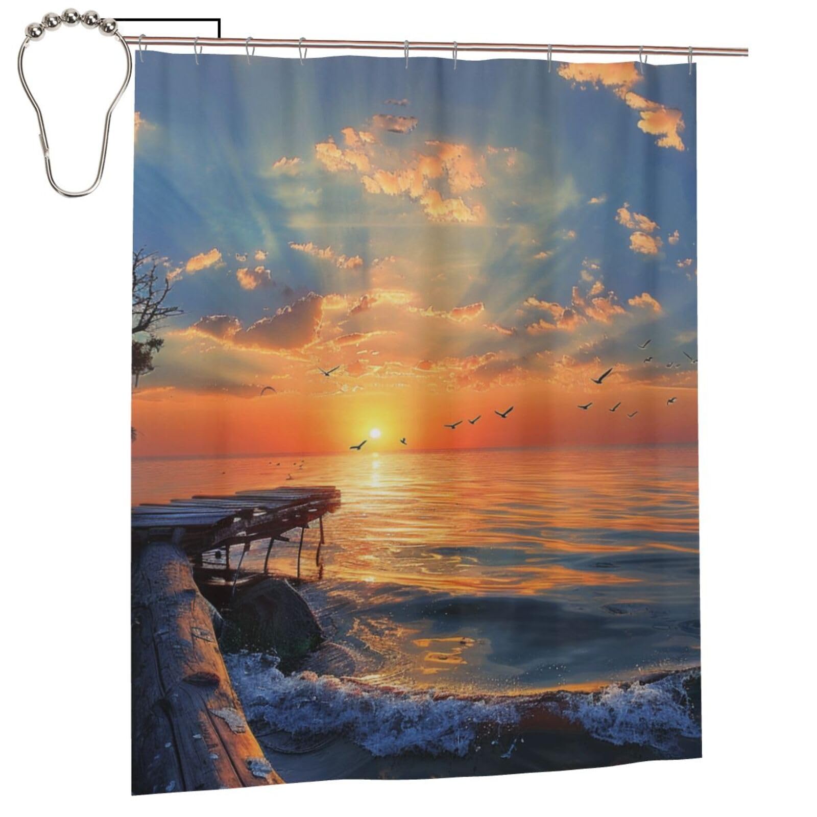 BWWHCCTI Sunset scenery Printed Shower Curtain With 12 Iron Hooks Opaque Quick Drying Waterproof Shower Curtains Sets For Bathroom 152x183 Cm
