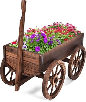DREAMADE Garden Wagon with Wheels, Rustic Wooden Flower Cart w/Ventilation & Rotating Handle, Wheelbarrow Planter Flower Bed Decorations for Balcony, Patio, Garden, Outdoor Greenery