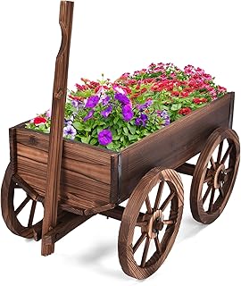Garden Wagon with Wheels, Rustic Wooden Flower Cart w/Ventilation & Rotating Handle, Wheelbarrow Planter Flower Bed Decorations for Balcony, Patio, Garden, Outdoor Greenery