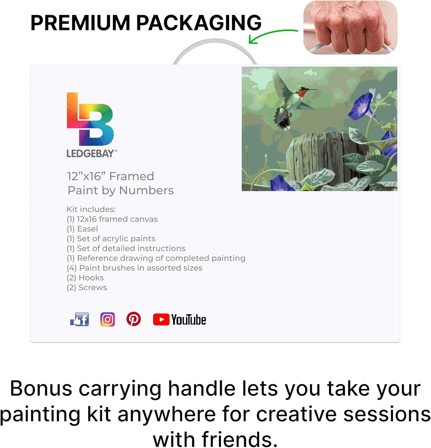 Ledgebay DIY Paint by Numbers Kit for Adults Framed Canvas Beginner to Advanced Paint by Numbers Kit, Kits Include Acrylic Paint Set, Brushes & Tabletop Easel (Hummingbird 12" x 16" Framed)