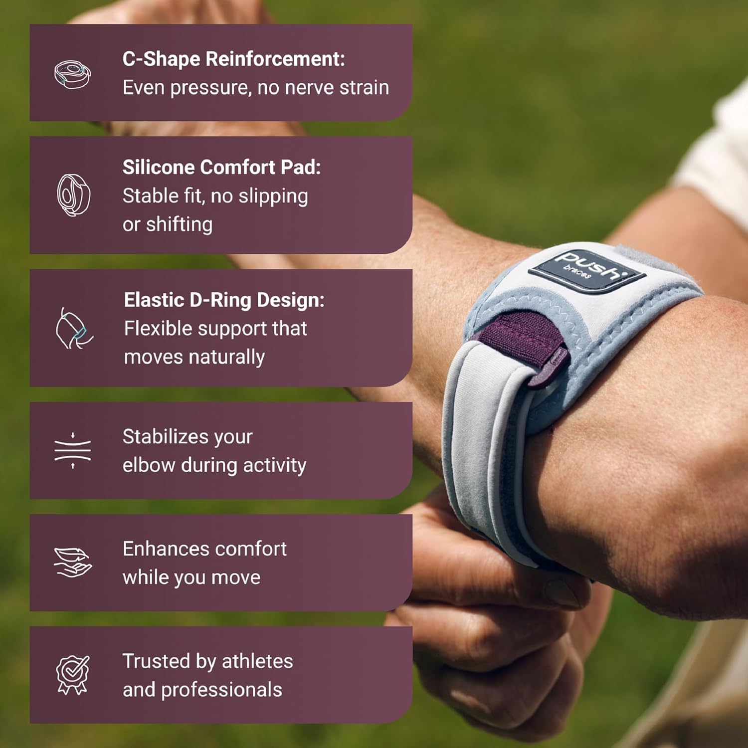 PUSH med Elbow Brace Epi for Elbow Pain. Pain relief for Tennis Elbow, Golfer's Elbow, and Epicondylitis.