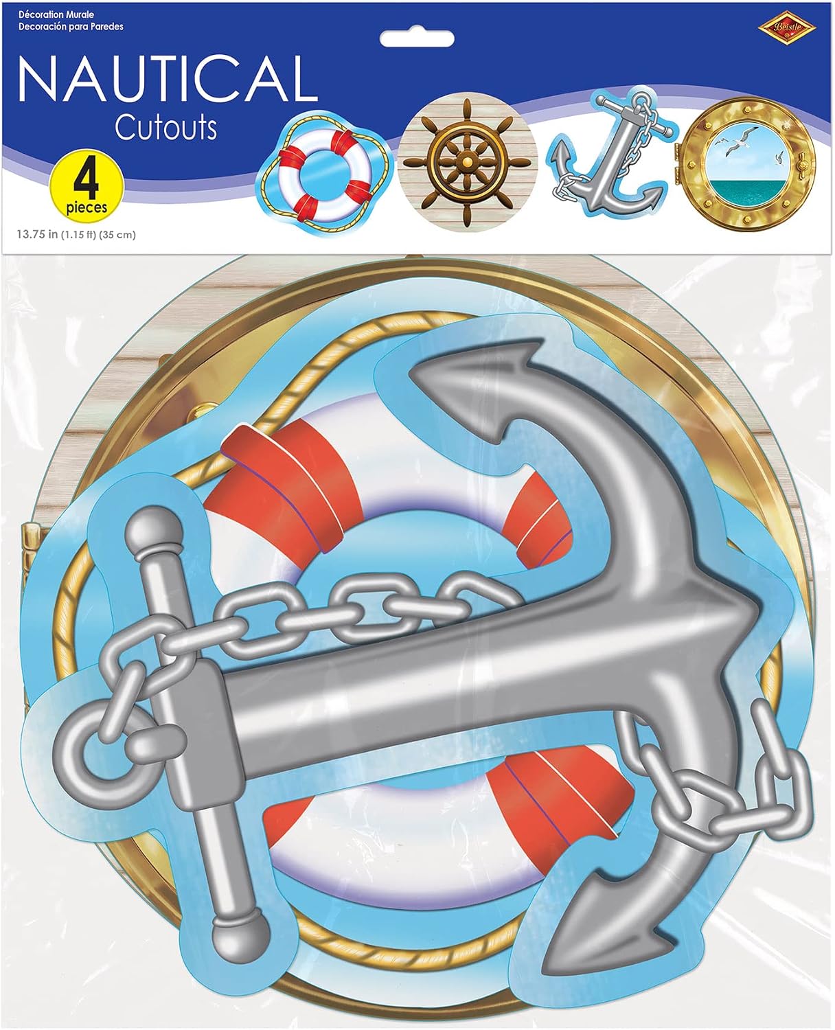 Beistle 4 Piece Printed Paper Nautical Cut Outs Anchor and Life Preserver Luau Decorations for Boat Theme and Beach Parties, 13.75, Multicolored image 4