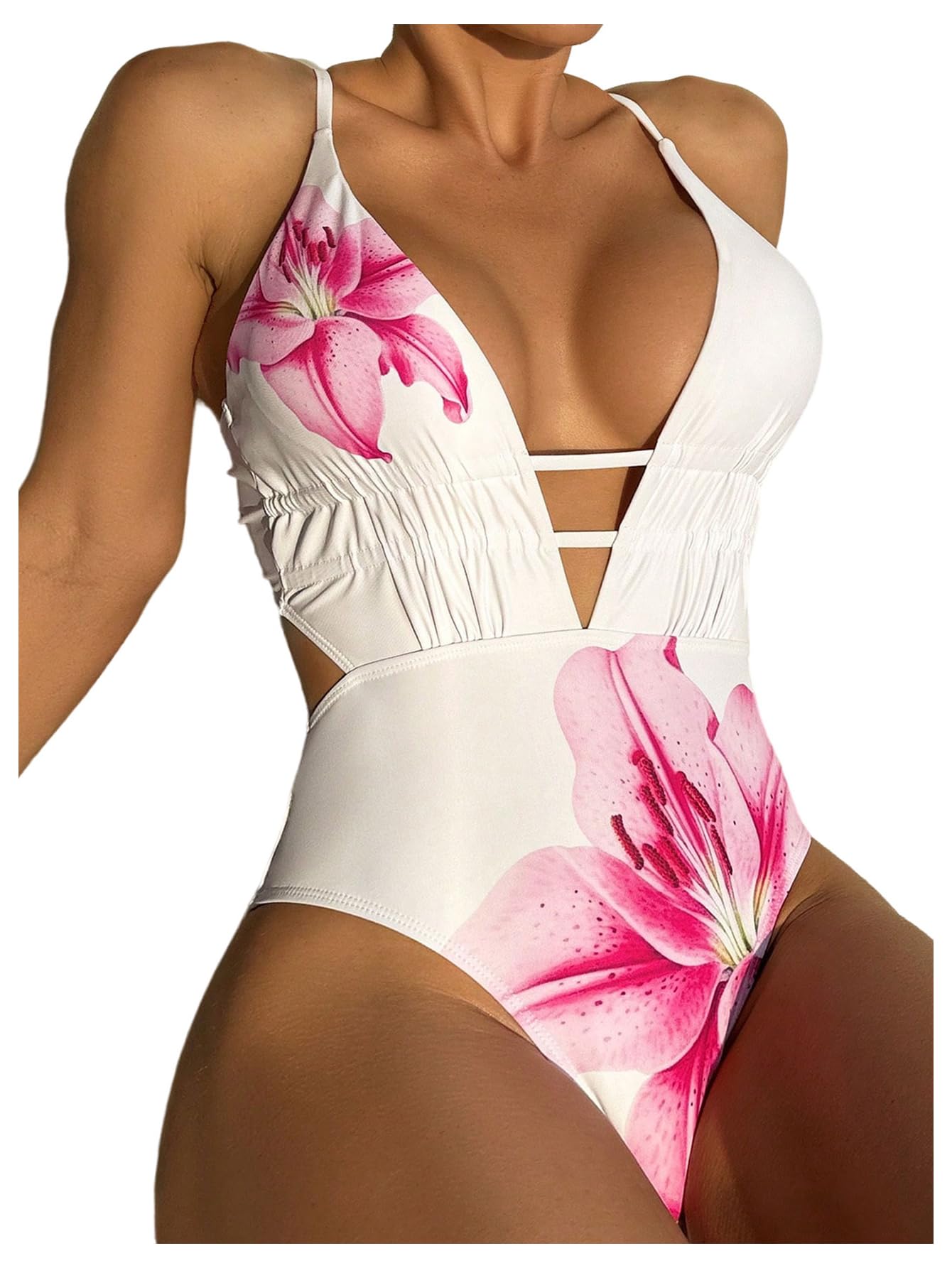 sweatyrocks Women's Floral Deep V Neck Criss Cross One Piece Swimsuit Swimwear Bathing Suit-picture-10