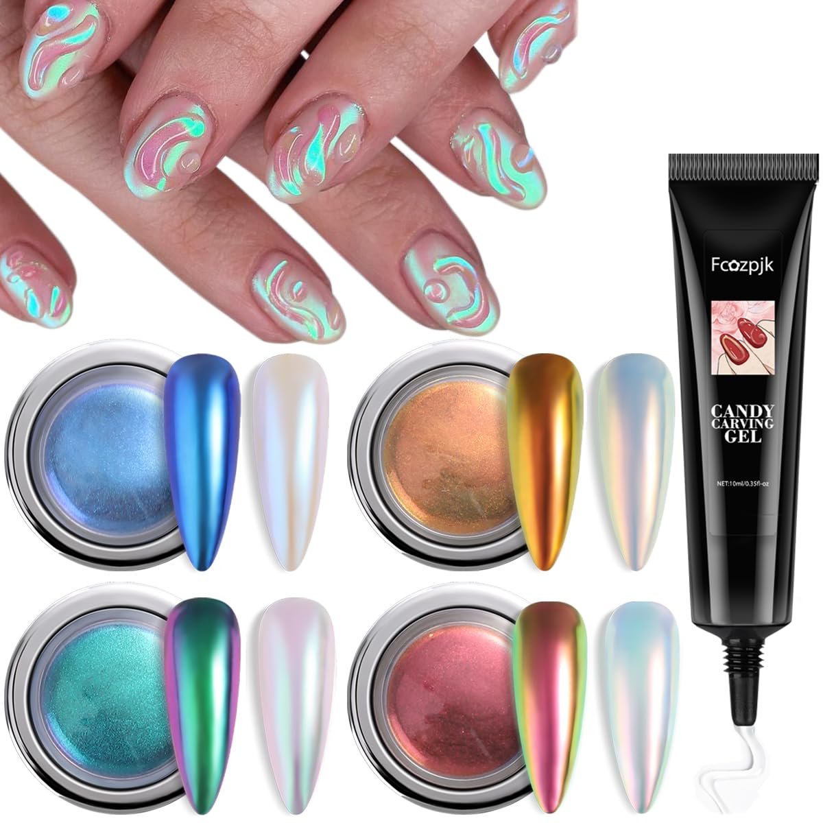 Fcozpjk Chrome Nail Powder, 4 Colors Mirror Effect Chameleon Chrome Nail Powder With 3D Sculpting Gel, Ice Transparent Aurora Nail Powder Gold Pink Blue Iridescent Pigment Nail Glitters Decoration