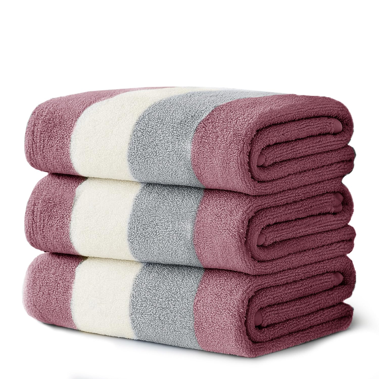 Velosso 3 Pack 100% Cotton Striped Multi Supreme Cotton Towels Hand Bath Towel, Quick-Dry, Soft Absorbent, Striped Design Hotel Spa, Fade Resistant (Raspberry, Bath Towels)