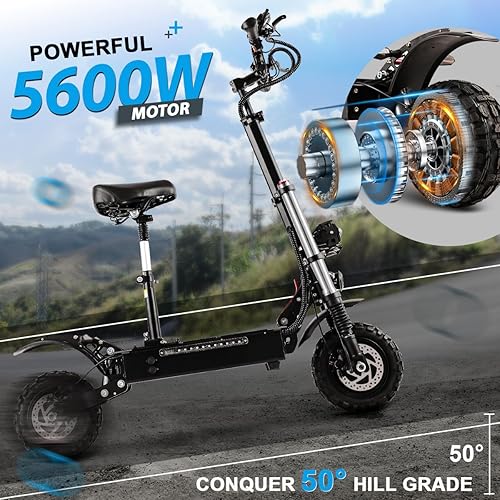 Miniatura 3 de Patinete eléctrico T88 para adultos, 5600 W de doble motor 60 V28 Ah, batería máxima de 50 MPH y 48 millas de largo alcance, freno de disco de