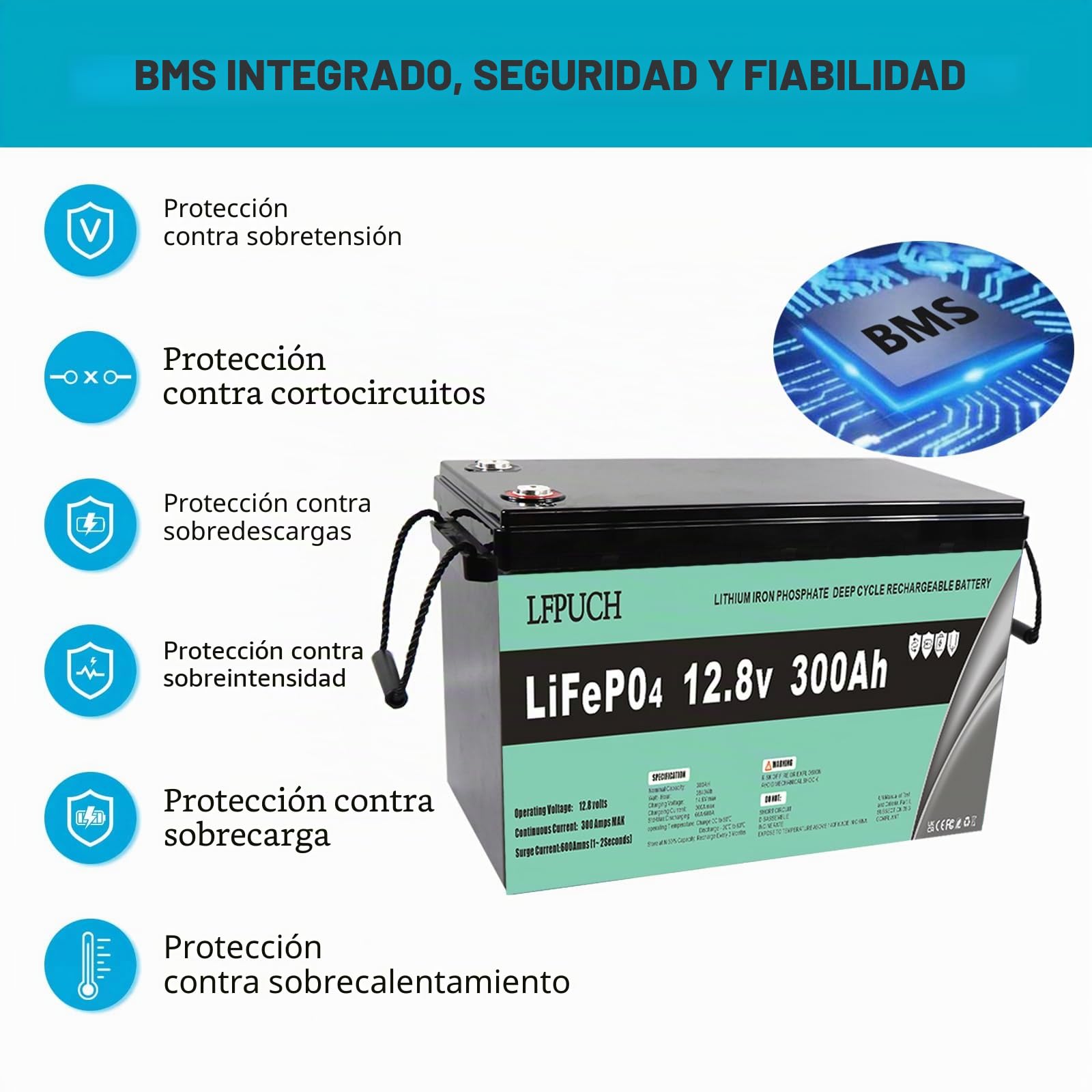 Leisure batería，4 baterías LiFePO4 de 12 V 300 Ah, baterías de fosfato de hierro y litio de 15 kWh, se pueden conectar en serie a 48 V (51,2 V) 300 Ah, adecuado para sistemas fotovoltaicos y acampada.