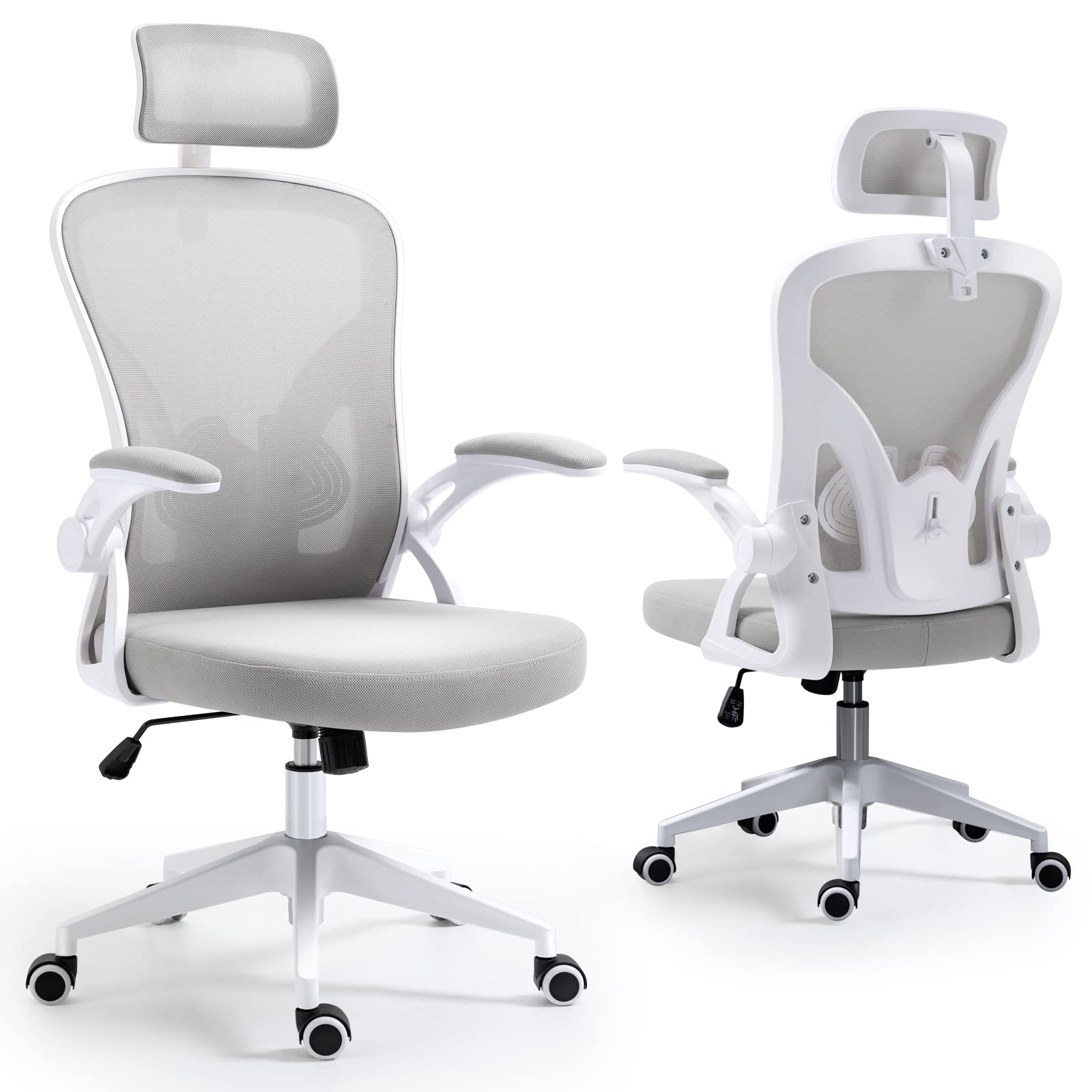 Photo 1 of Darkecho Ergonomic Desk Chair with Adjustable Headrest and Lumbar Support,High Back Mesh Computer Chair with Padded Flip-up Armrests,Swivel Task Chair with Large Seat,Tilt Function,Grey White/Grey