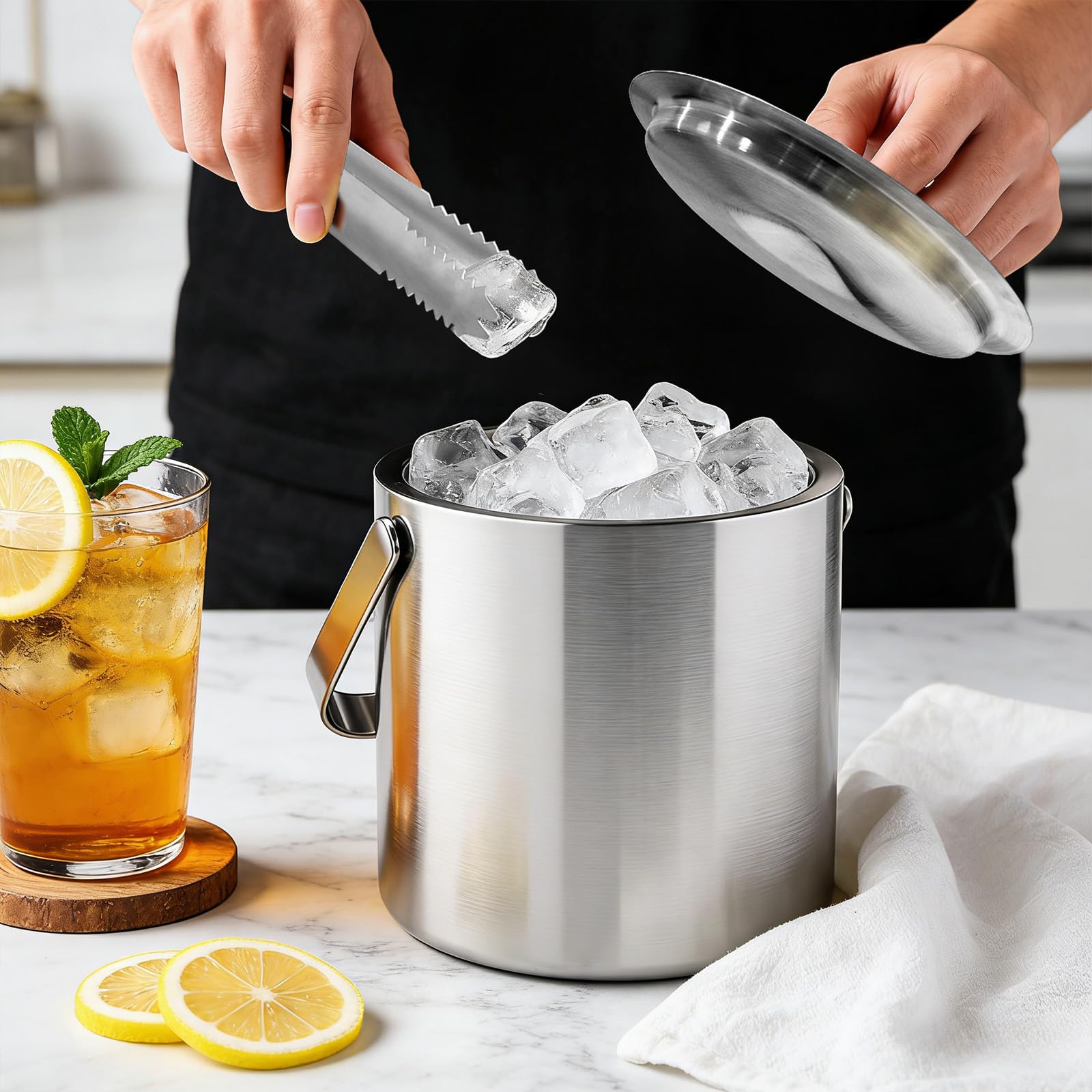 kisidus Edelstahl Eiskübel 1,3 Liter mit Deckel, Doppelwandig Isoliert Edelstahl Eiswürfelbehälter mit Zange und Sieb,die Eiswürfel Aufbewahrung, Eiswürfel Behälter für Bar Party Hause Gewerbe, Industrie & Wissenschaft