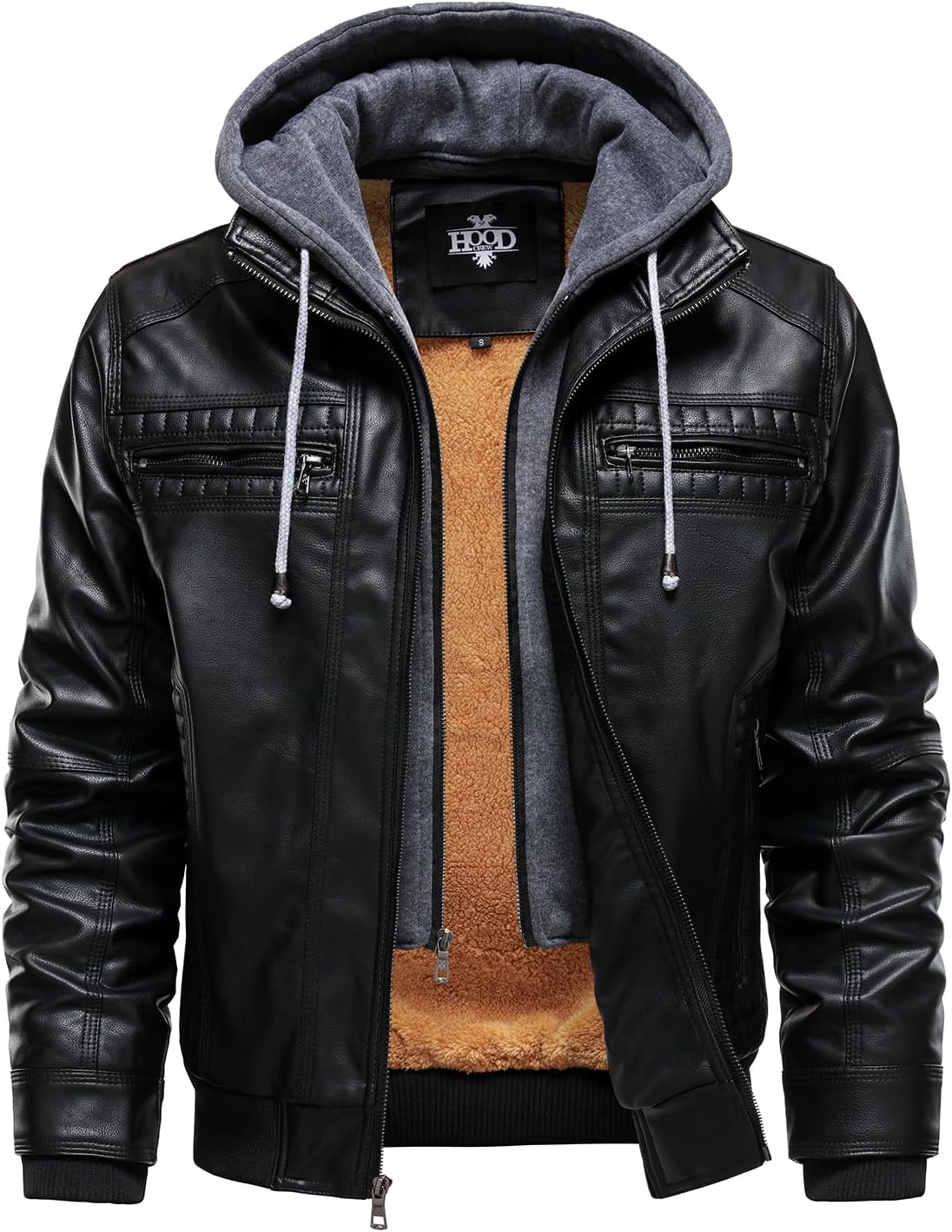 HOOD CREW Men Faux Leather Jacket with Detachable Hood Casual Motorcycle Bomber Jackets Outerwear - Image 2