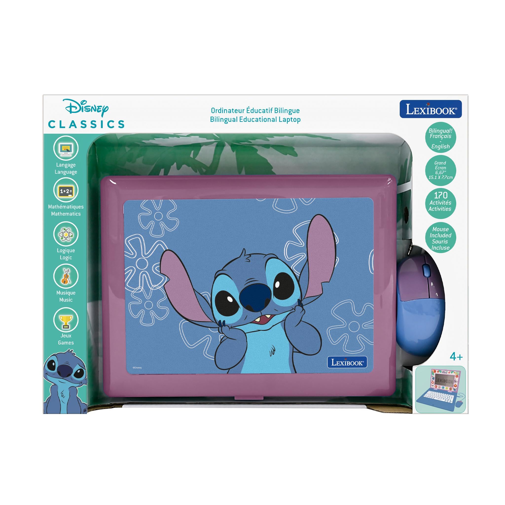 Lexibook, Disney Stitch, francuski/angielski dwujęzyczny laptop edukacyjny, zabawka dla dzieci, 170 zajęć do nauki, gier i muzyki, duży ekran, niebieski/fioletowy, JC599Di1LXB