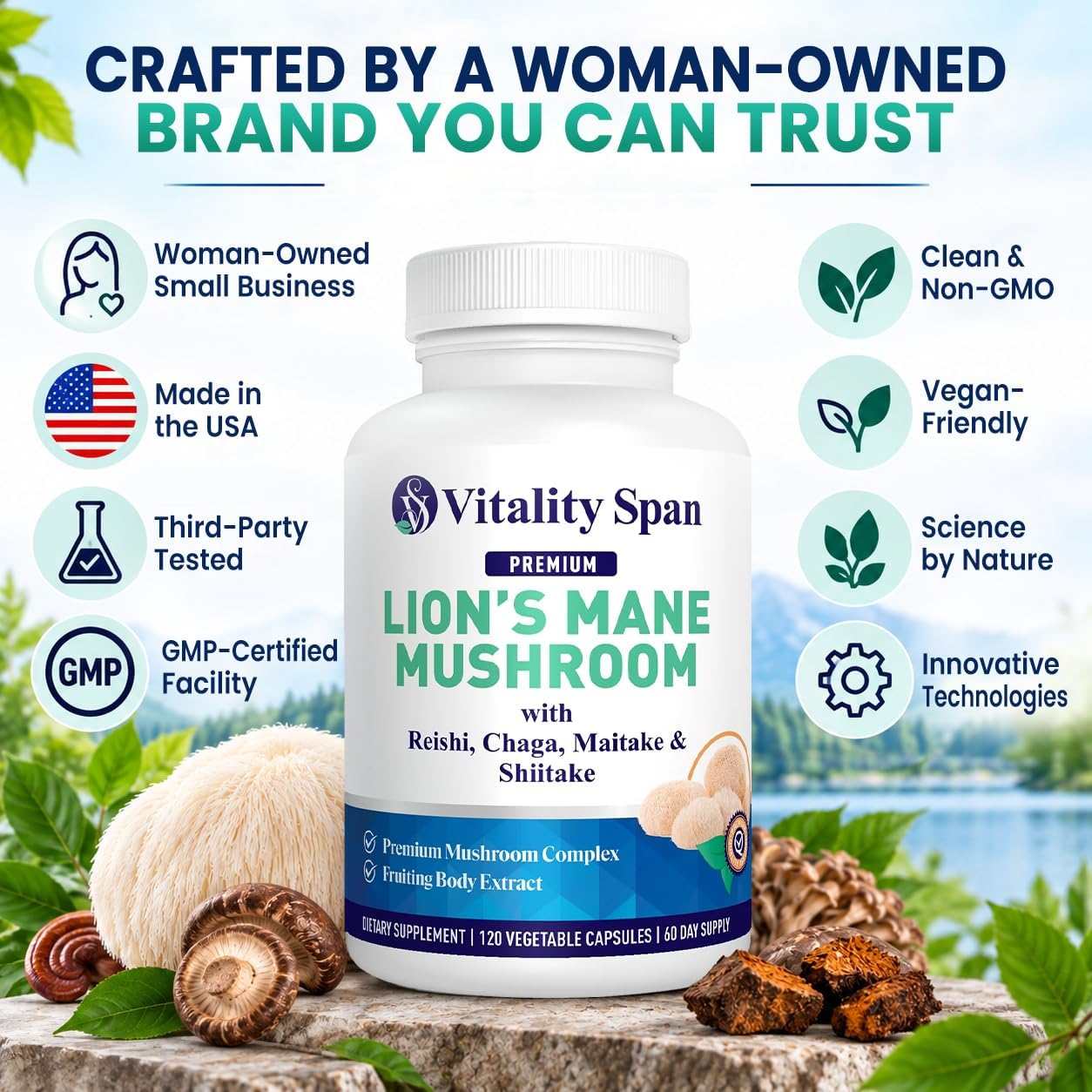 Lions Mane Supplement Capsules – Lion’s Mane Mushroom Extract for Brain & Focus Support – Fruiting Body, 5 Mushroom Complex, 1400mg, 120 Veg Capsules, Made in USA
