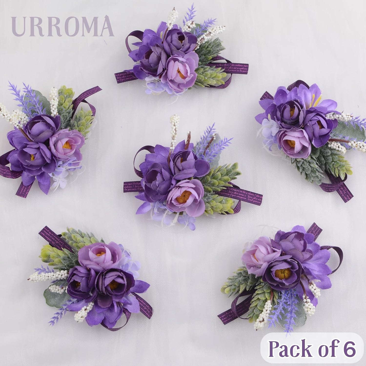 6 PCS Wrist Corsage Flower, Purple Corsage Wrist Band Bouquet Suit Decoration Hand Flower Decor for Bridesmaid Bridal Wedding Prom Party…
