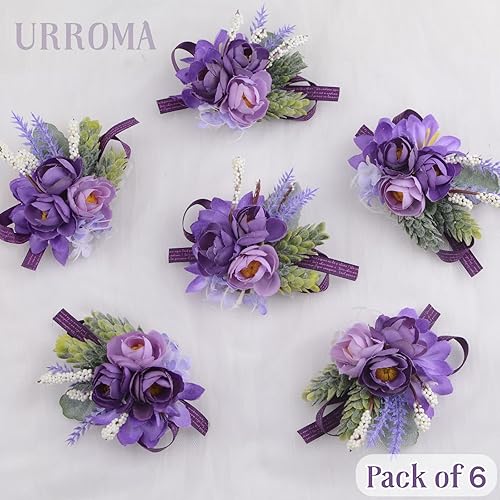 Miniatura 3 de URROMA 6 piezas de flores de ramillete de muñeca, ramillete morado para decoración de traje, decoración de flores de mano para dama de honor, novia,