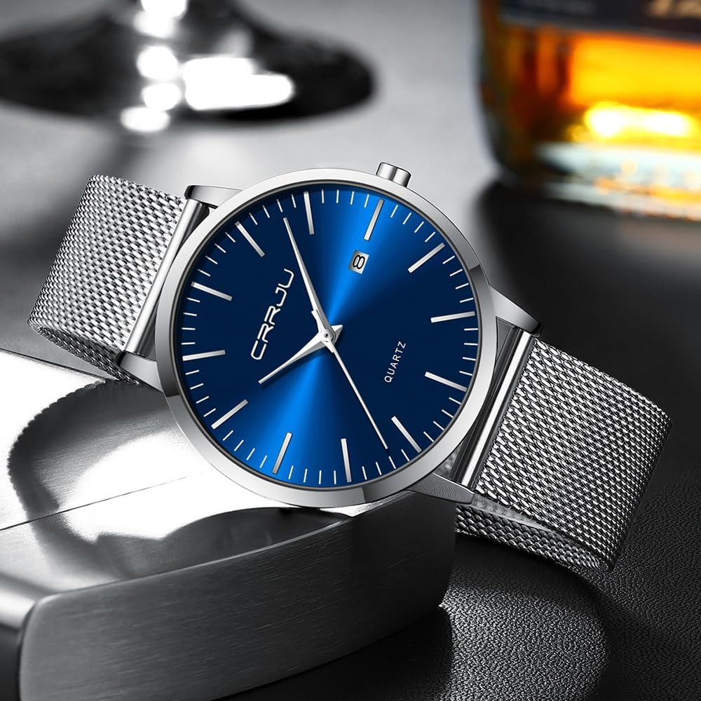 CRRJU Men's Minimalist Casual Luxury Auto Date Watches Fashion Business Japan Movement Quartz Waterproof Wristwatches for Men Stainsteel Steel Band Watch