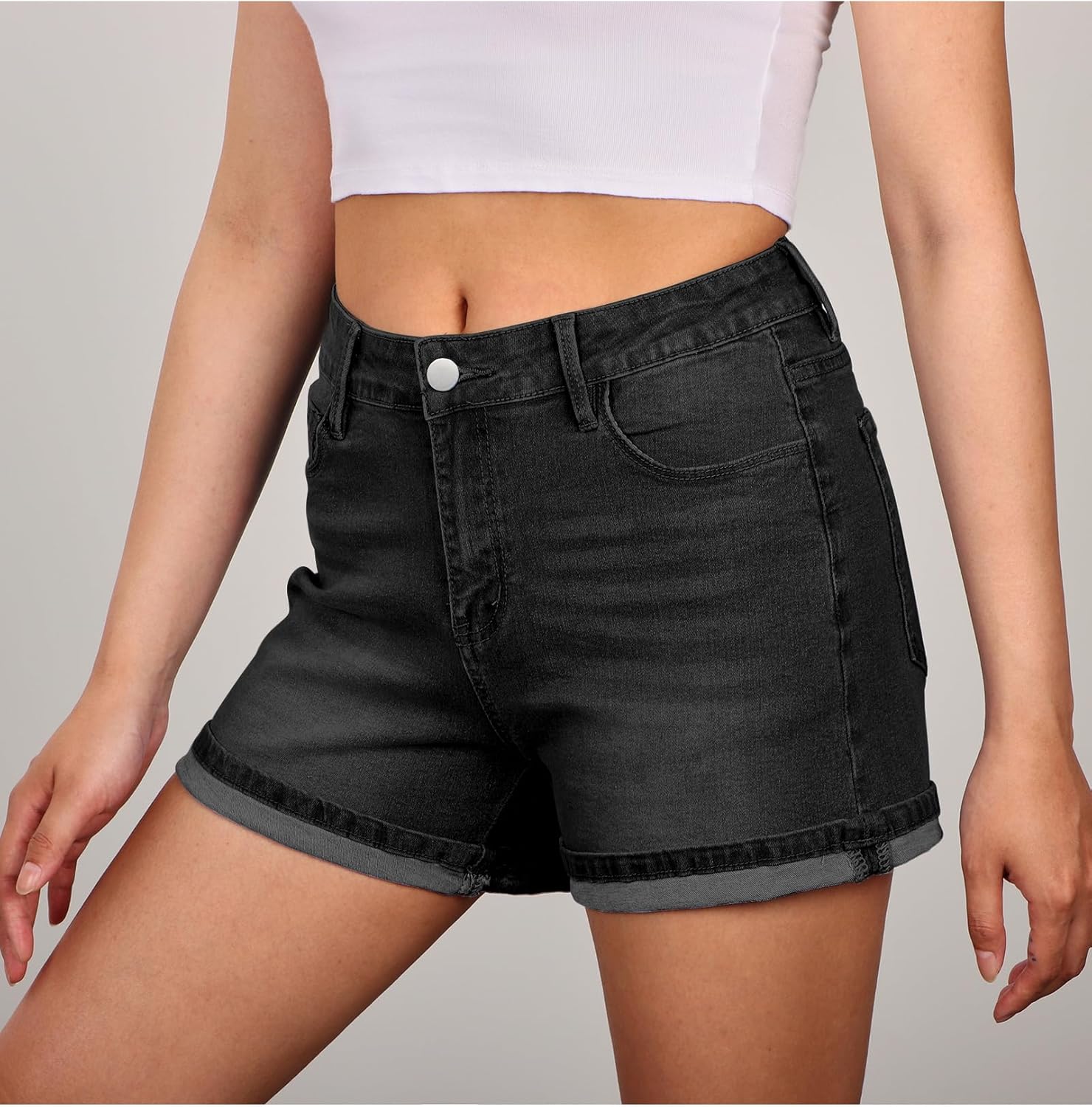 Utyful Jean Shorts for Women Mid Rise Trendy Casual Summer Cute Jorts Fold Hem Stretchy Denim Shorts - Image 2