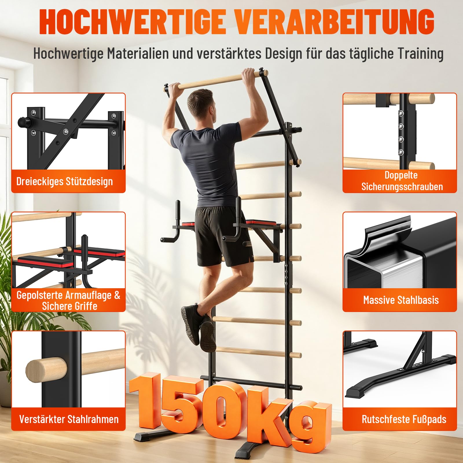 Power Tower Dip Station mit Klimmzugstange, Freistehende Sprossenwand, 150kg Tragkraft, ohne Wandmontage, Kraftstation für Zuhause und Krafttraining, 228cm