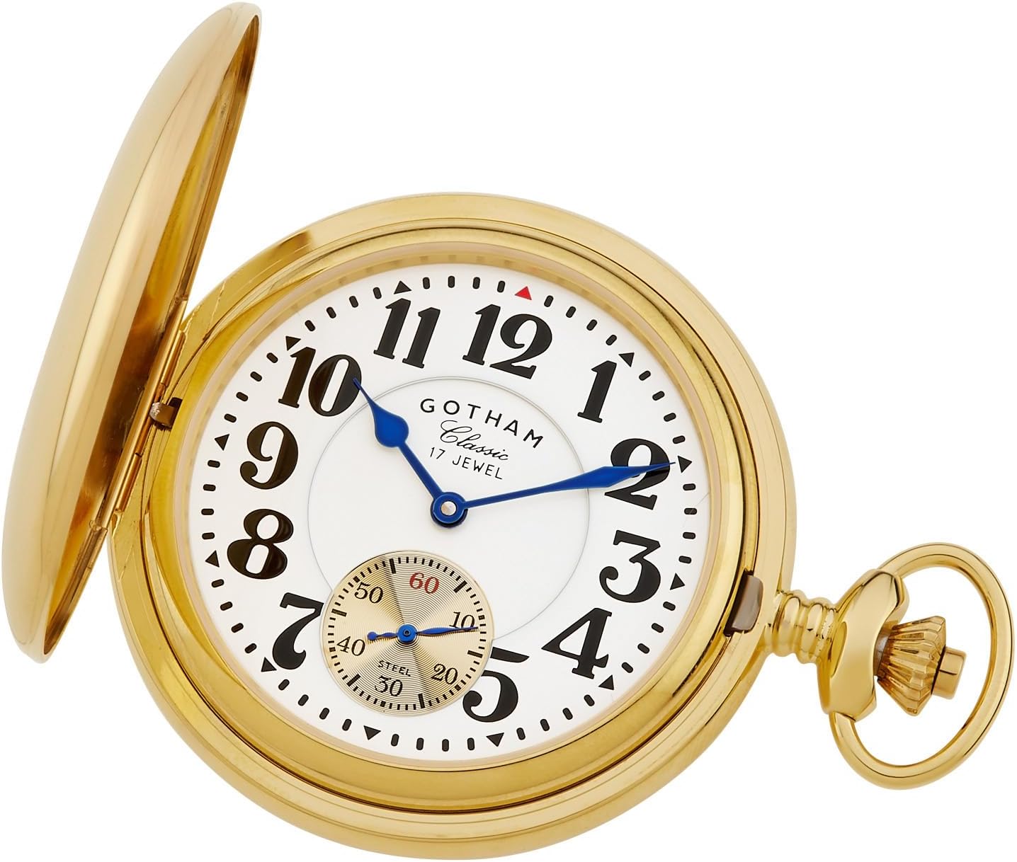 Gotham Men's Classic Gold Plated Polished Case Double Hunter 17 Jewel Mechanical Pocket Watch # GWC18808G