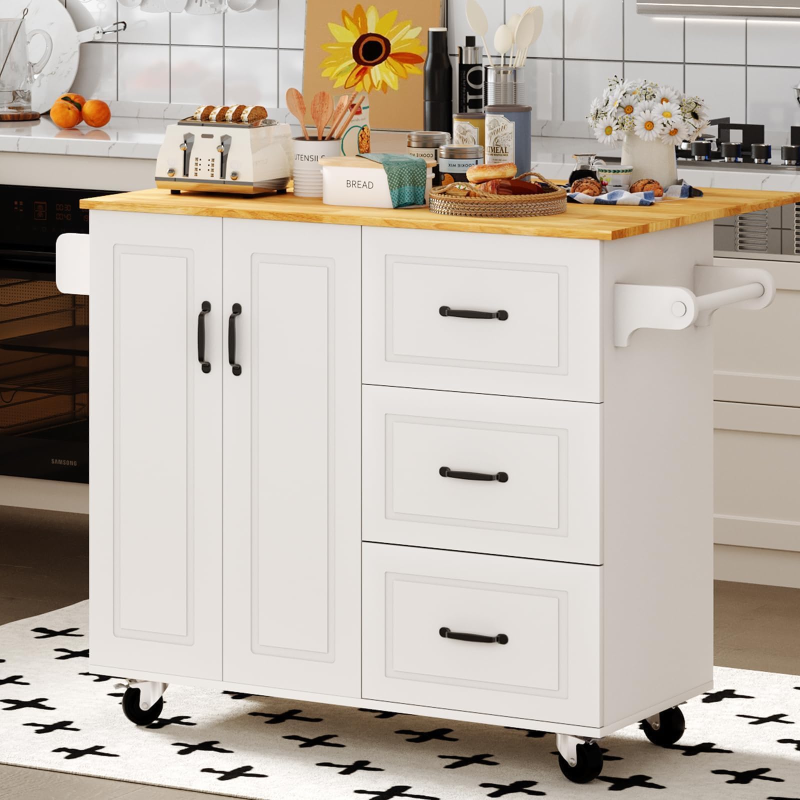 4 EVER WINNER Kitchen Island with Storage and Drop Leaf Countertop, on Wheels 3 Drawers Spice Rack & Towel Rack, Rolling Islands Carts Table for Dining Room, White