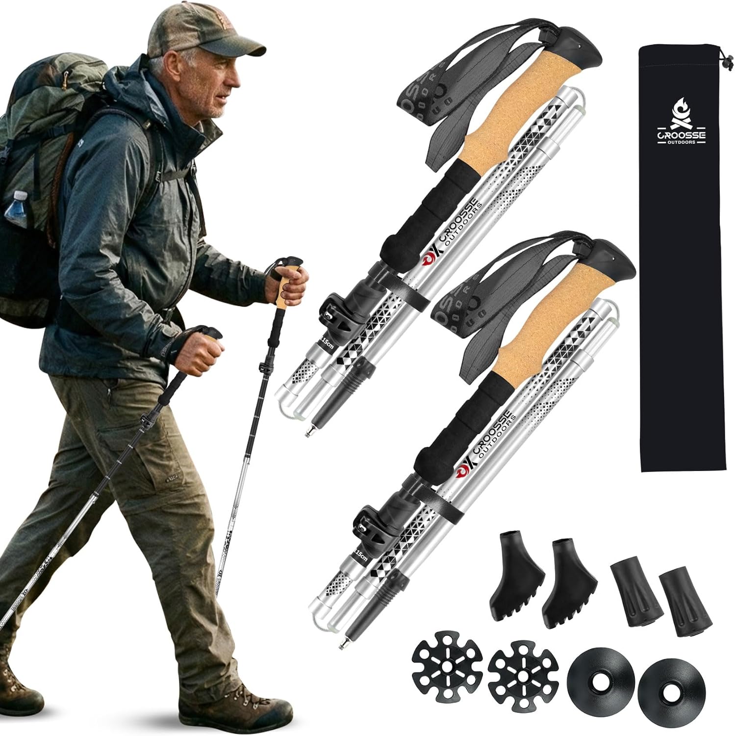 Collapsible Trekking Poles for Hiking - Lightweight Adjustable Aluminum Folding Hiking Poles, Cork Grip Walking Sticks for Seniors, Women & Men (2 Pack)