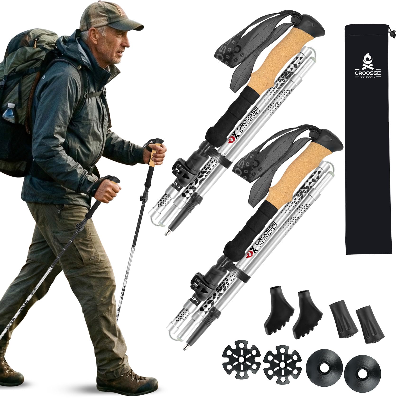 Zusammenklappbare Trekkingstöcke zum Wandern, leicht, verstellbar, Aluminium, zusammenklappbar, mit Korkgriff, für Senioren, Damen und Herren, 2 Stück