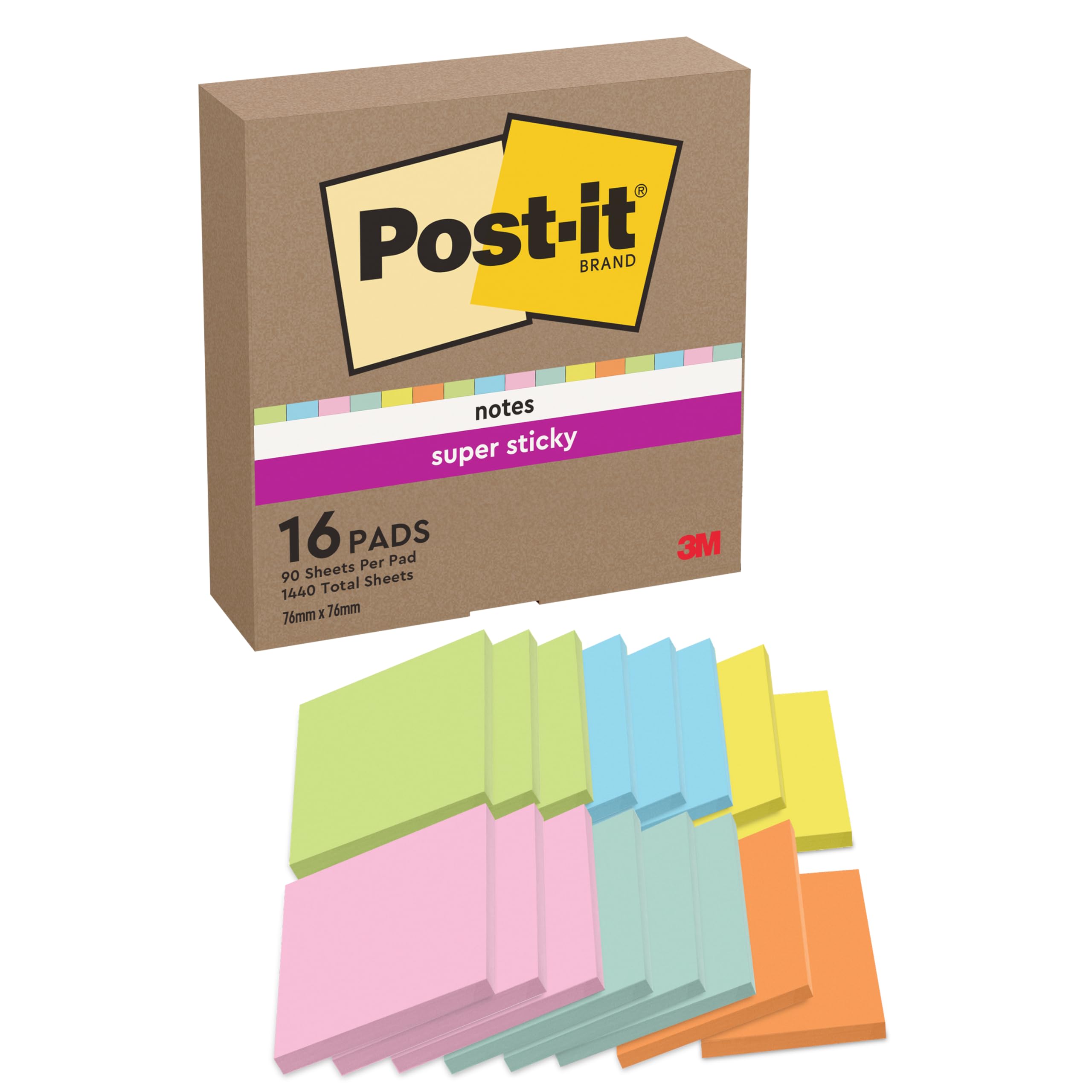 Post-it Super Sticky Notes, 1440 Sheets, Value Pack of 16 Pads, 76 mm x 76 mm - Holds Strong to Many Surfaces - Blue, Green, Orange, Pink, Yellow - for Walls, Monitors and Fridge, Recycable