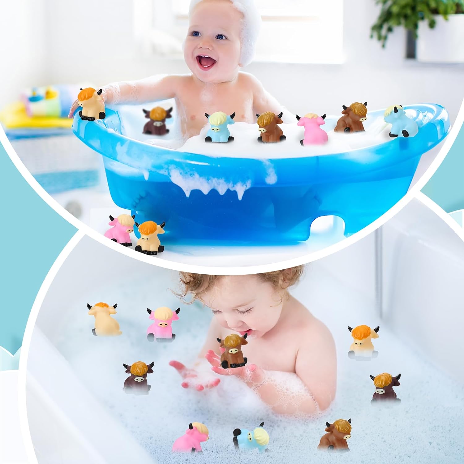 75 Pcs Highland Cow Floaty Bath Toys Set Squeeze Squeaky Rubber Bathtub Pool Party Fun for Kids Spring Summer Birthday Party (Color Mixing Highland Cows)