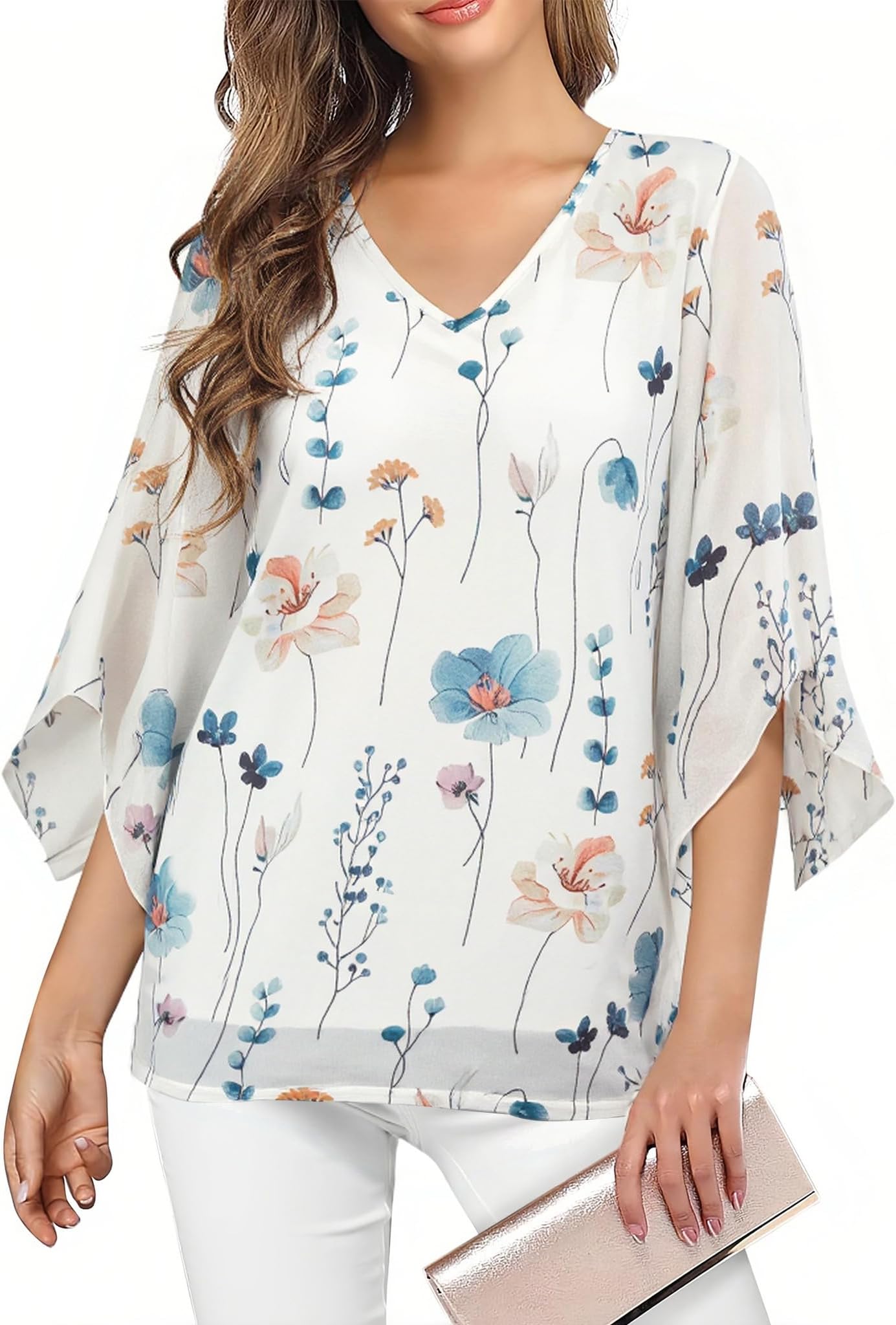 Womens Tops 3/4 Sleeve Blouses for Women UK Ladies V Neck Double Layers Mesh Ruffle Floral Printed Loose Fit Flowy Tunic Shirts S-3XL