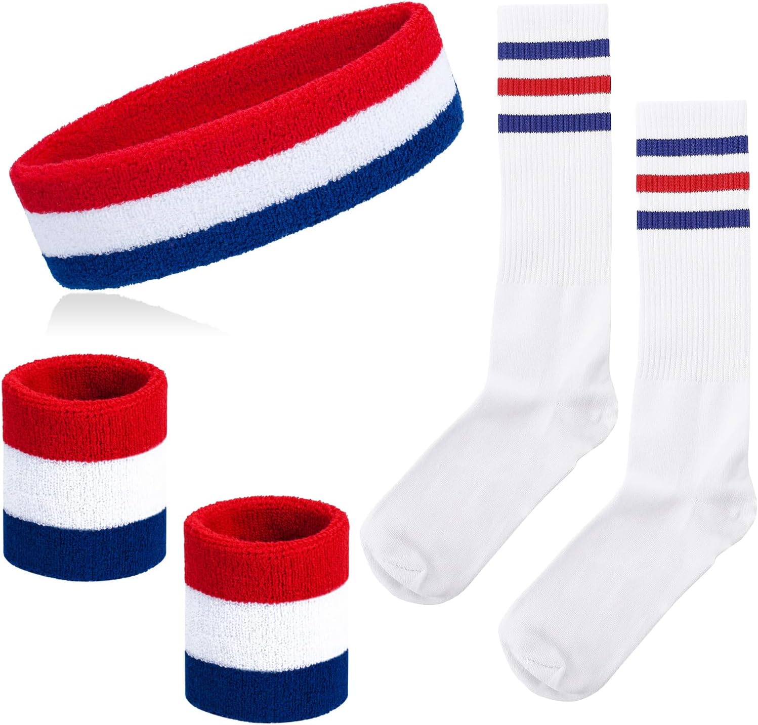 5 Pieces Sweatband Striped Sock Set Sports Headband Wristbands High Tube Socks 80s Accessories for Men Women