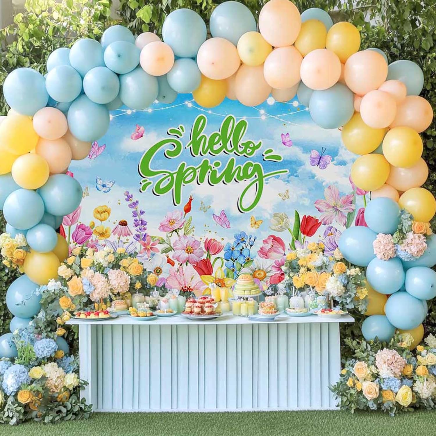 Mocsicka Spring Backdrop Banner Floral Hello Spring Decorations Background Easter Flowers Blue Sky Photo Booth Props 70.8 x 43.3 Inch