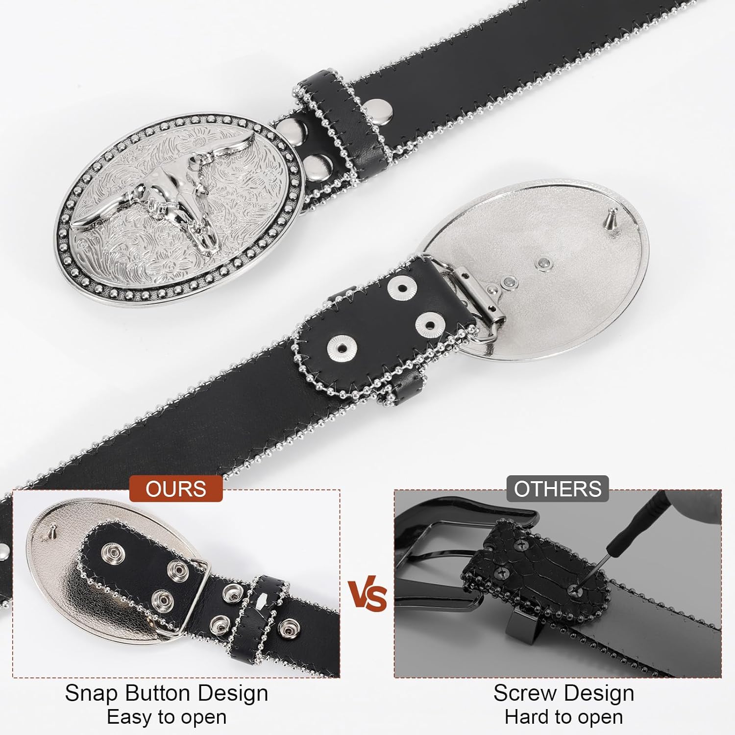 Punk & Cowboy Belts for Men & Women, PU Leather Western Punk Rock Belt with Western Bull Buckle - Image 3