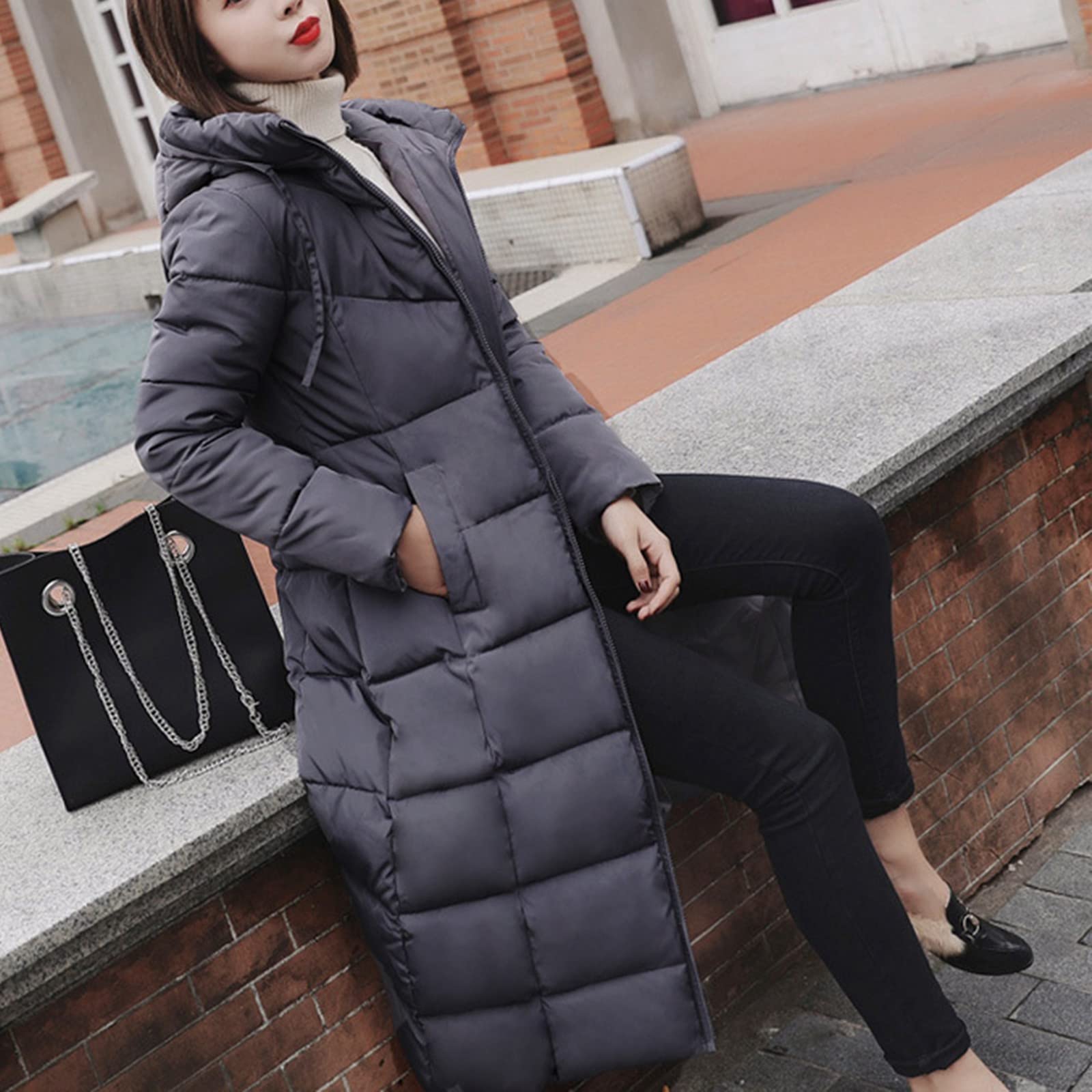 Abrigo de plumón para mujer, largo y ligero, con capucha, abrigo de invierno cálido con cremallera, abrigo acolchado con bolsillo, chaqueta de entretiempo, monocolor, chaqueta acolchada