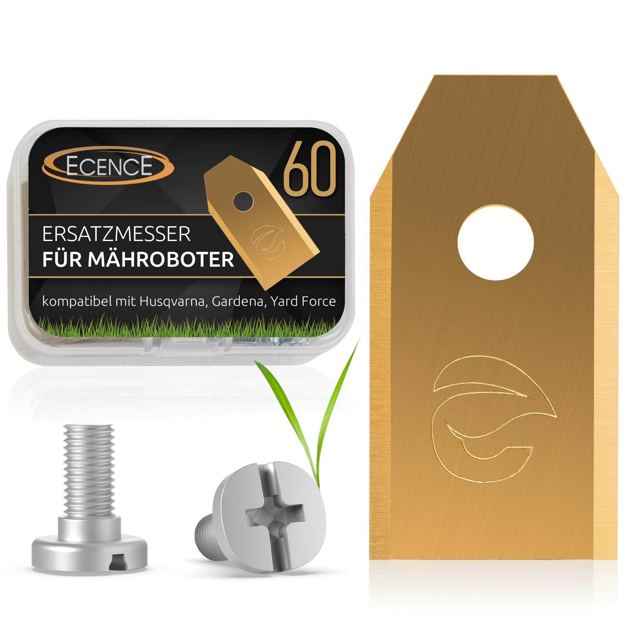ECENCE 60 Lames Robot Tondeuse avec revêtement en Titane, vis incluses - compatibles avec Husqvarna Automower, Gardena, McCulloch Rob, Flymo, Yardforce, Lames de Rechange